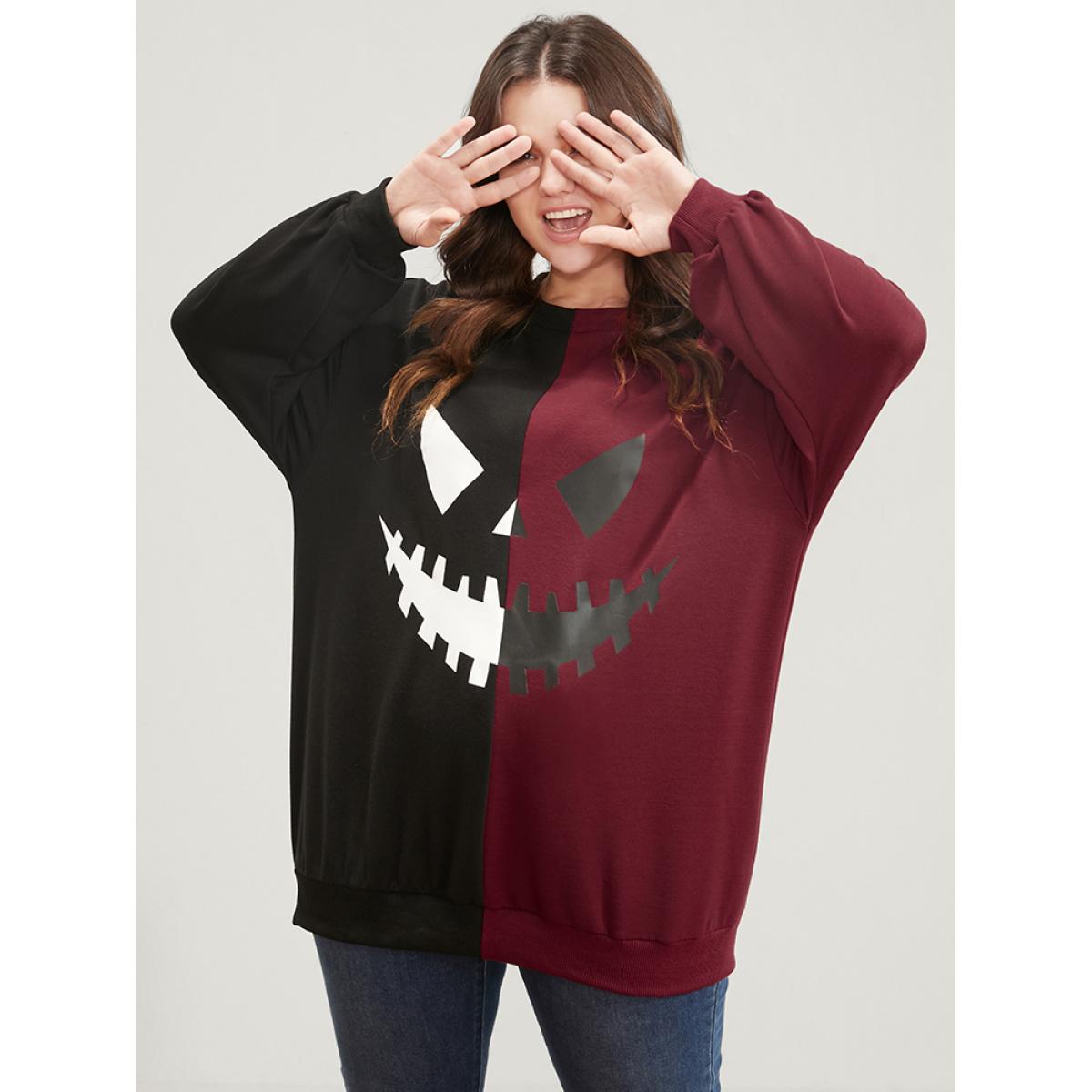 Plus Size Halloween Contrast Drop Shoulder Sweatshirt Women Scarlet Party Contrast Round Neck Festival-Halloween Sweatshirts BloomChic 18-20/2X Product Image