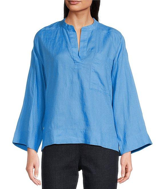 Eileen Fisher Organic Linen Mandarin Collar Long Sleeve Pop-Over Top Product Image
