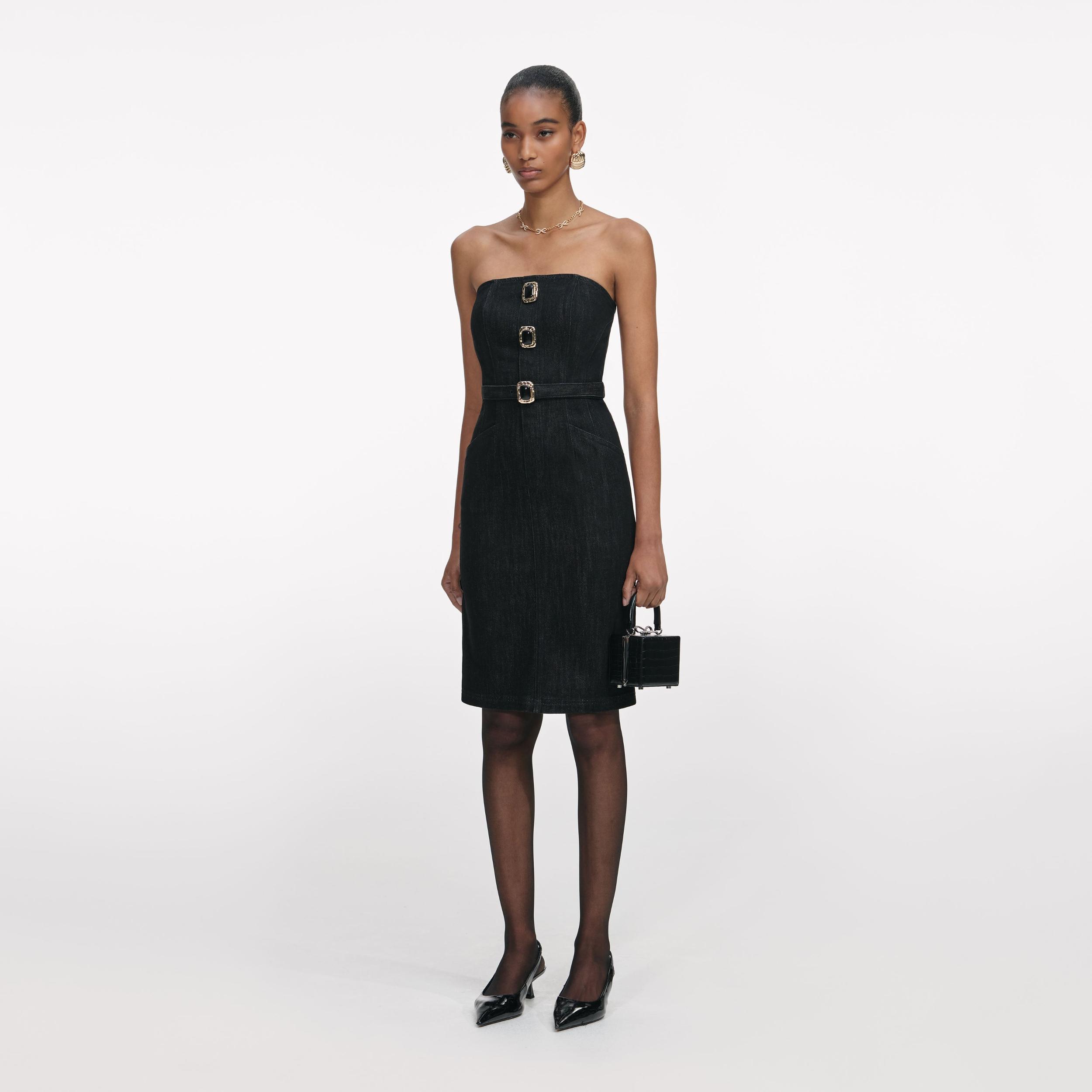 Black Denim Bandeau Midi Dress Product Image