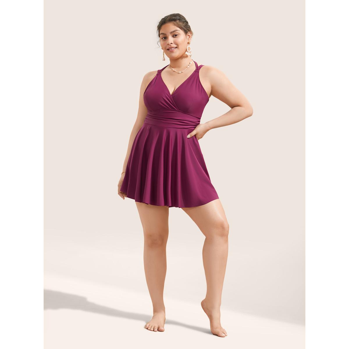 Plus Size Solid Ruffle Hem Empire Waist Halter Neck Swim Dress Women's Swimwear RedViolet Resort Bodycon Halter neck High stretch Curve Swim Dresses BloomChic 12/L Product Image