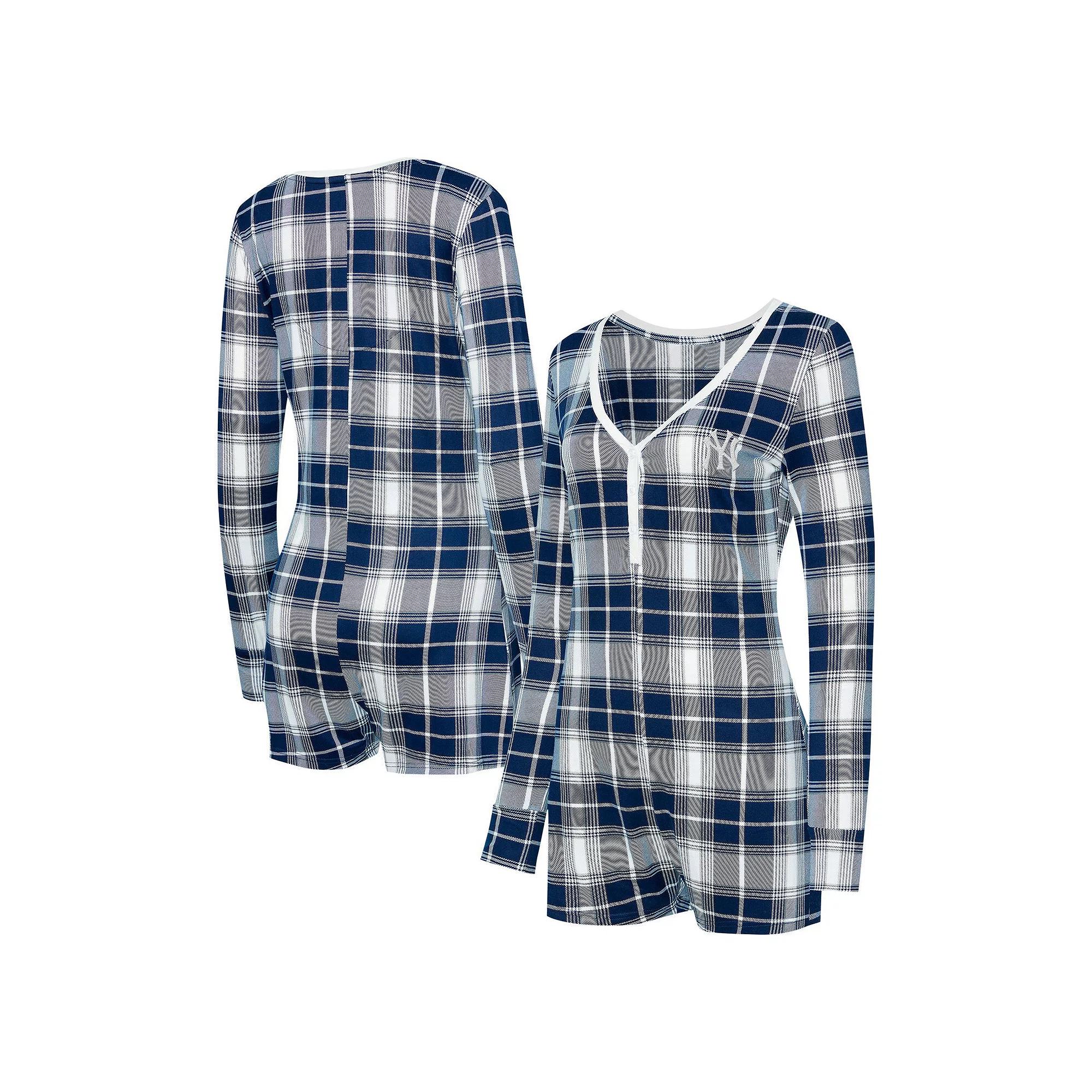 Women's Concepts Sport Navy New York Yankees Ashford Plaid V-Neck Knit Romper, Size: Medium, Blue Product Image