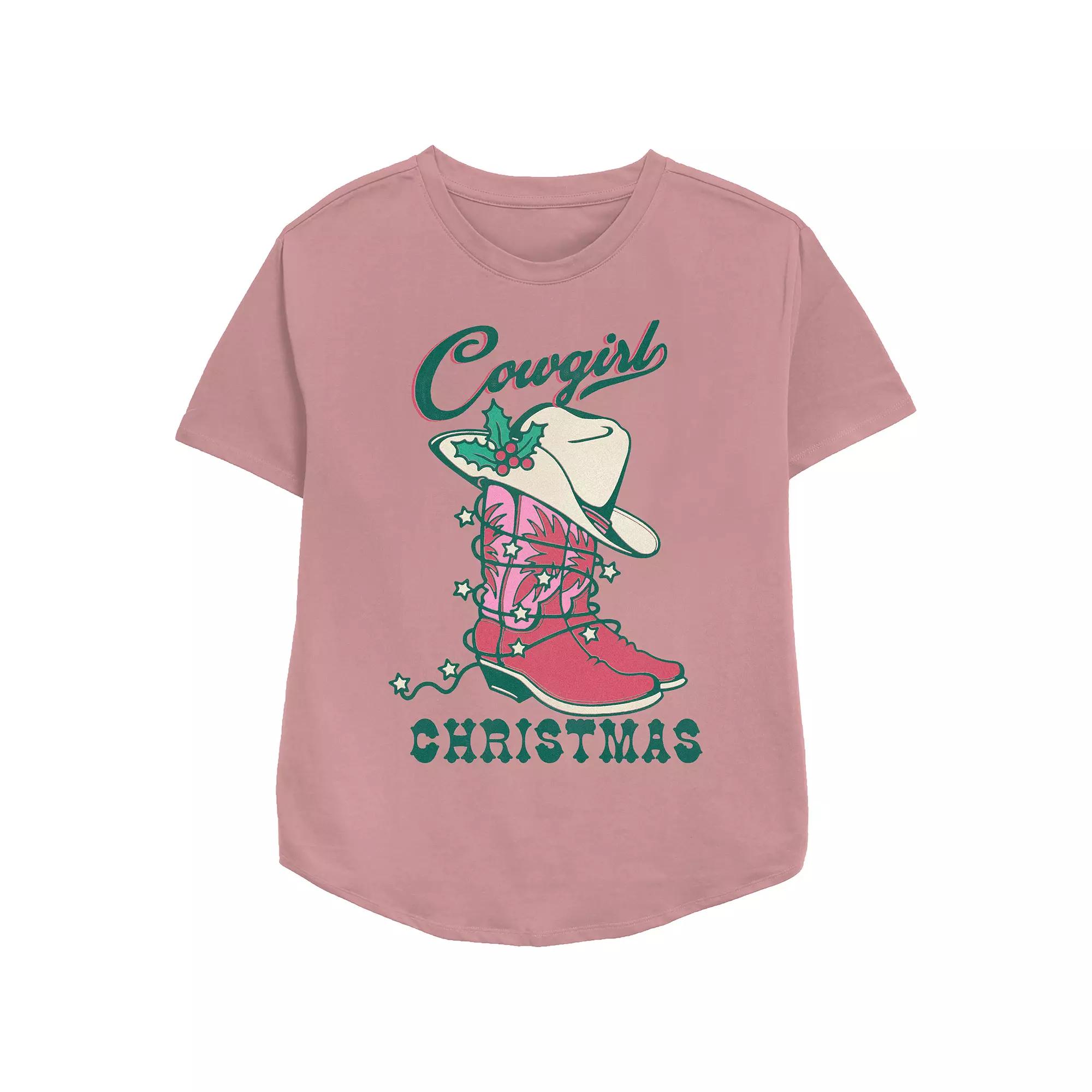 Women's Cowgirl Christmas Hat And Boots Relaxed Fit Graphic Tee, Size: Medium, Pink Product Image