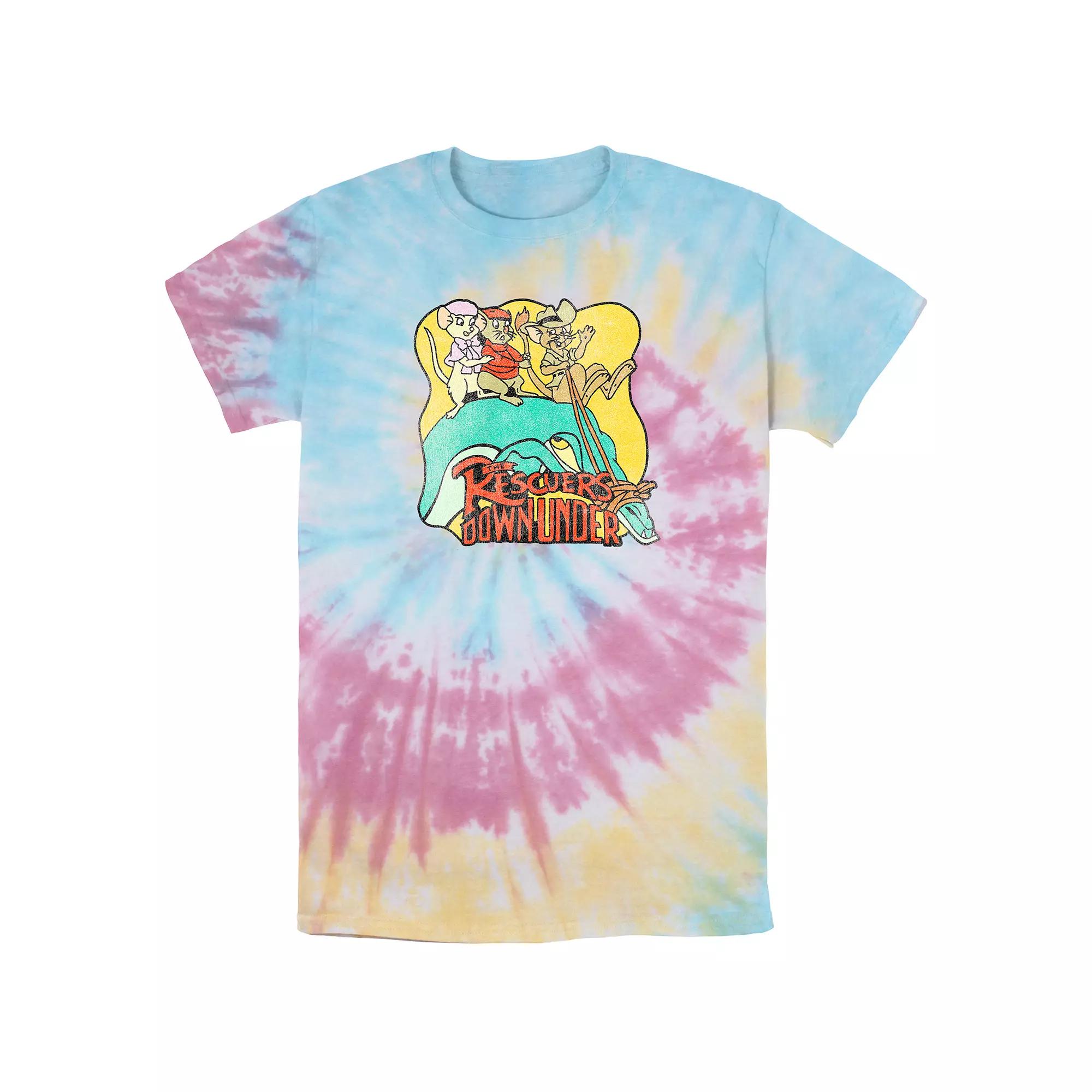 Disney's The Rescuer's Down Under Men's Down Under Vintage Poster Tie Dye Graphic Tee, Size: Small, Blue Pink Light Yellow Product Image