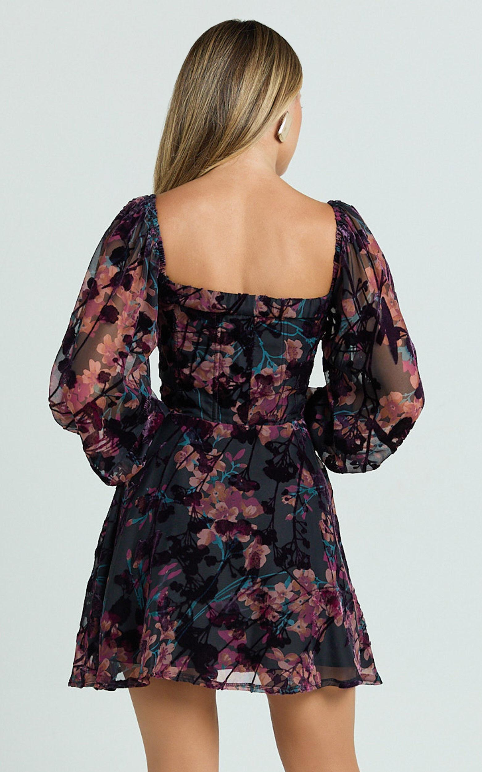 Jessell Mini Dress - Long Sleeve Cowl Corset Dress in Burnt Out Floral Product Image