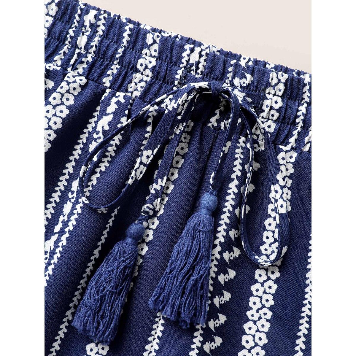 Plus Size Bandana Striped Tassel Drawstring Wide Leg Pants Women DarkBlue Resort Wide Leg Mid Rise Vacation Pants BloomChic 22-24/3X Product Image
