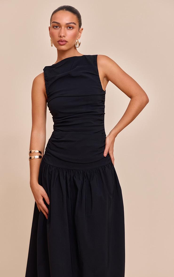 Black Stretch Woven Ruched Detail Drop Waist Maxi Dress Product Image