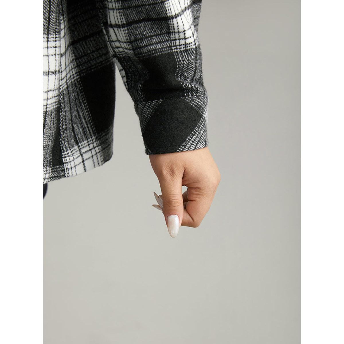 Plus Size Plaid Patchwork Patched Pocket Button Through Shacket Women Black Casual Contrast Ladies Dailywear Winter Coats BloomChic 18-20/2X Product Image