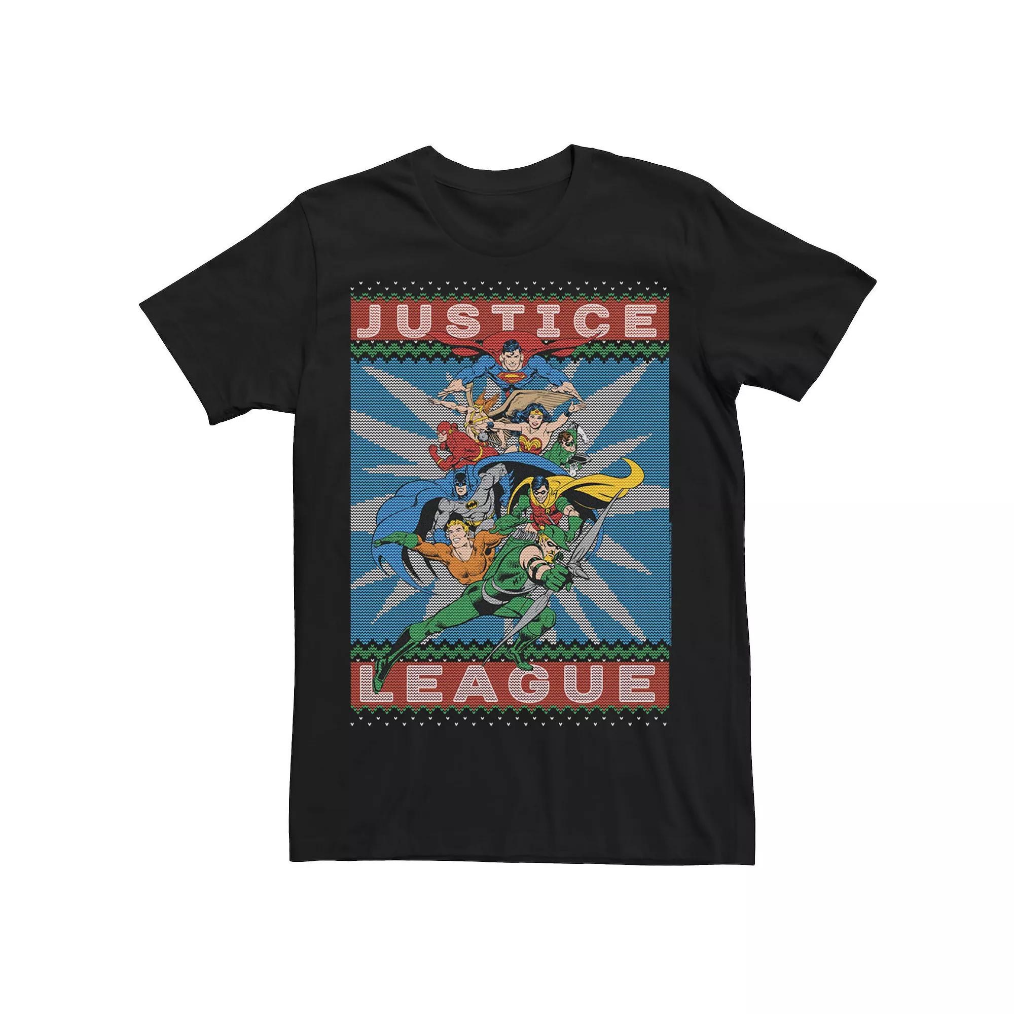 Men's DC Comics Justice League Action Pose Christmas Sweater Style Tee,  Product Image