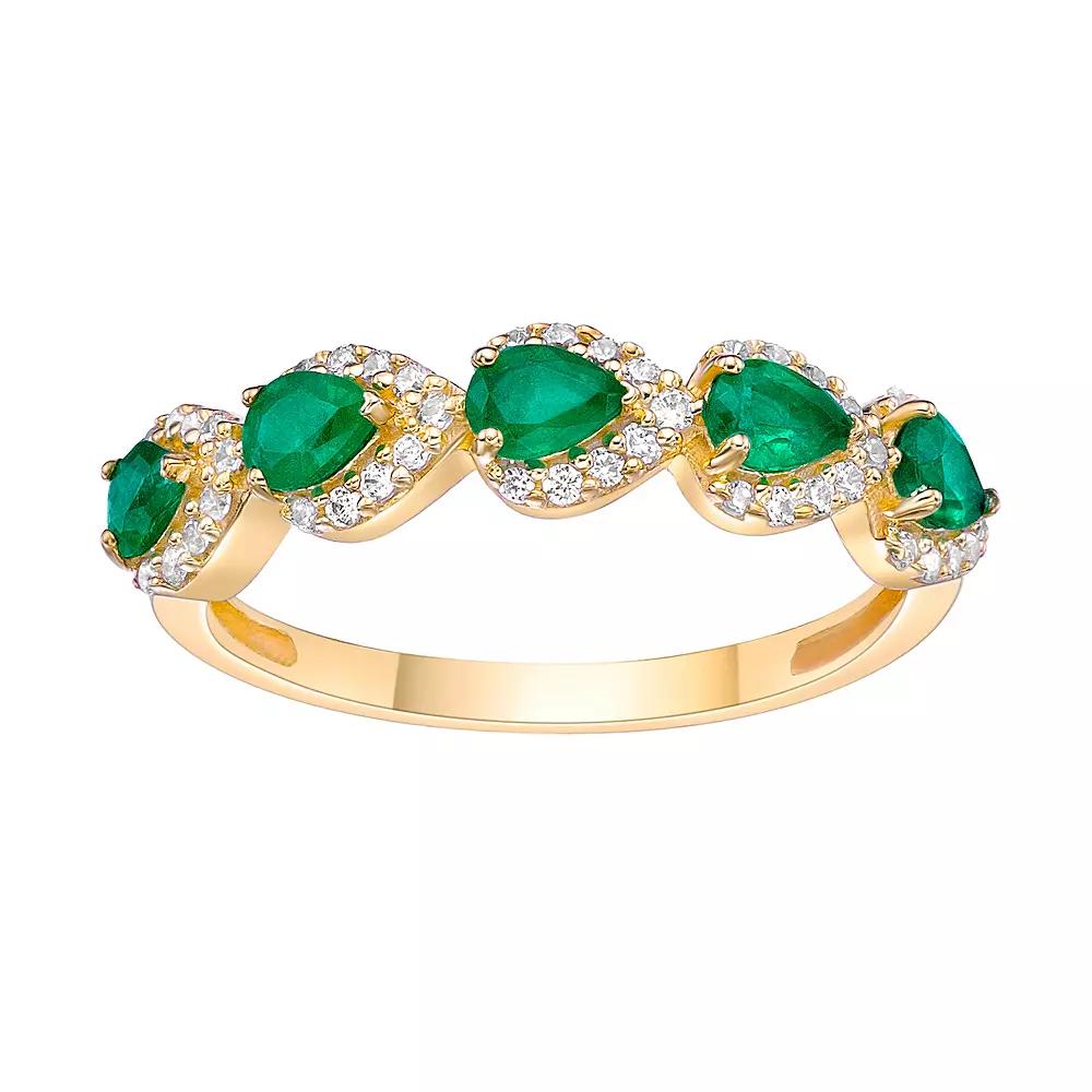 Gemminded 10k Gold Emerald & 1/5 Carat T.W. Diamond Teardrop Stone Band Ring, Women's, Size: 8 Product Image