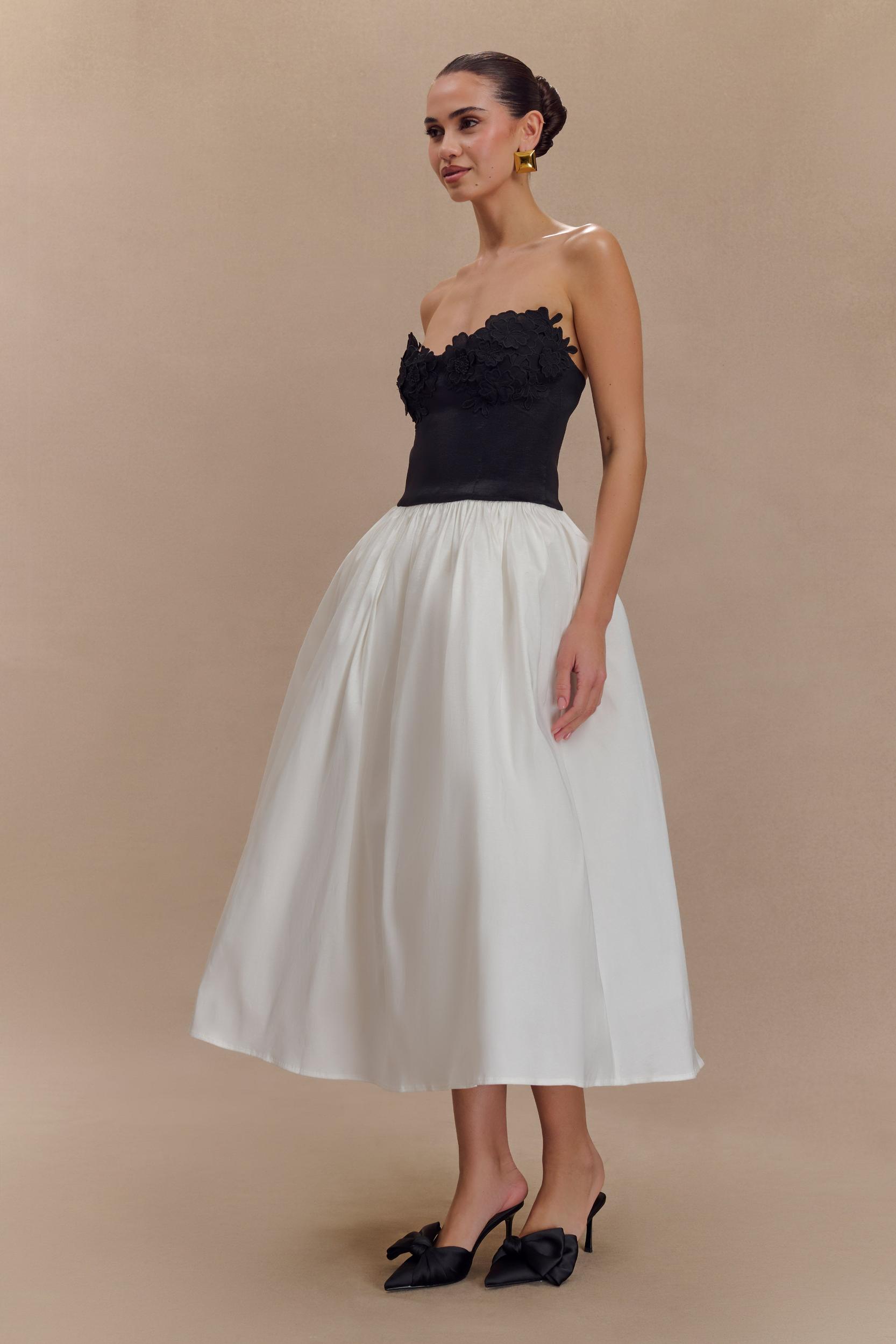 Elyssa Embroidered Contrast Midi Dress - Black/White Product Image