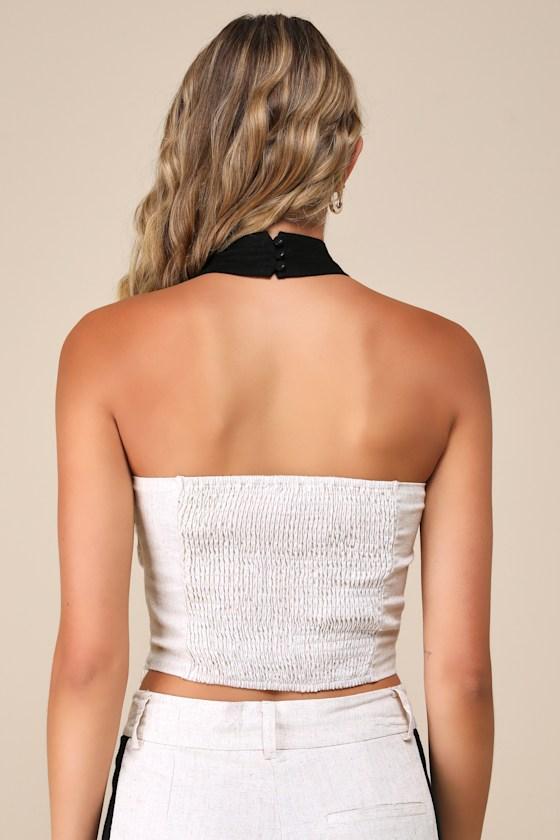 Exceedingly Cool Beige Color Block Linen Halter Crop Top Product Image