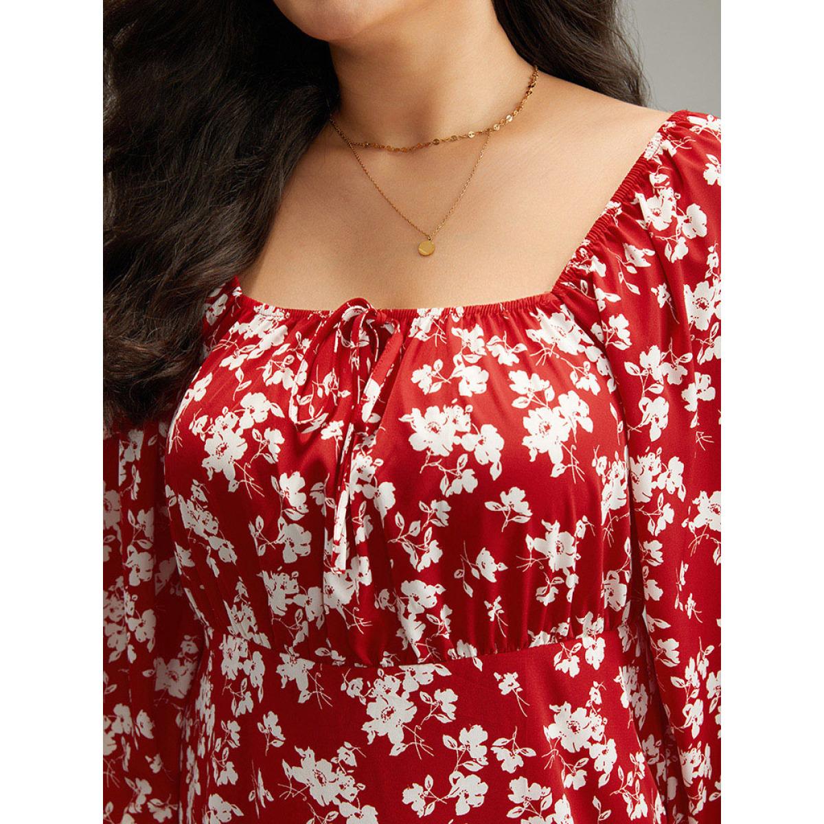 Plus Size Silhouette Floral Print Ties Lantern Sleeve Dress Crimson Women Elegant Gathered Square Neck Long Sleeve Curvy Midi Dress BloomChic 12/L Product Image