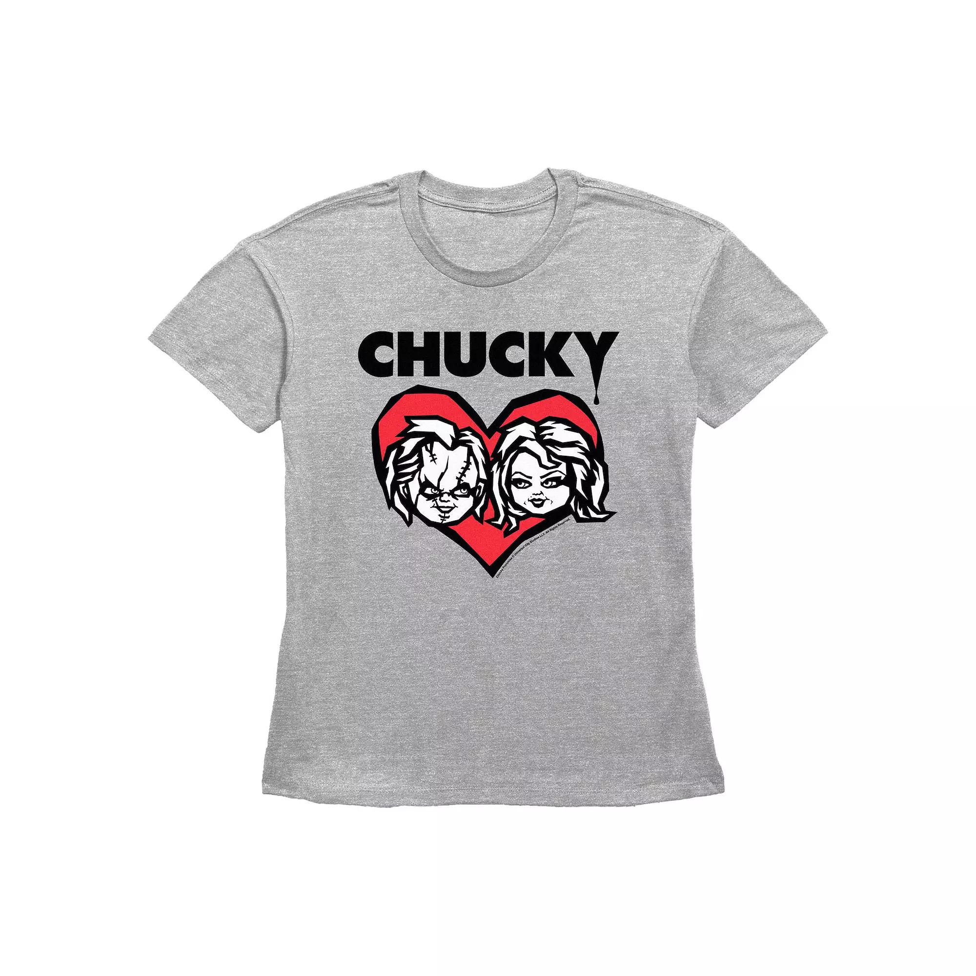 Women's Chucky And Tiffany Heart Portrait Graphic Tee, Size: Large, Grey Gray Product Image