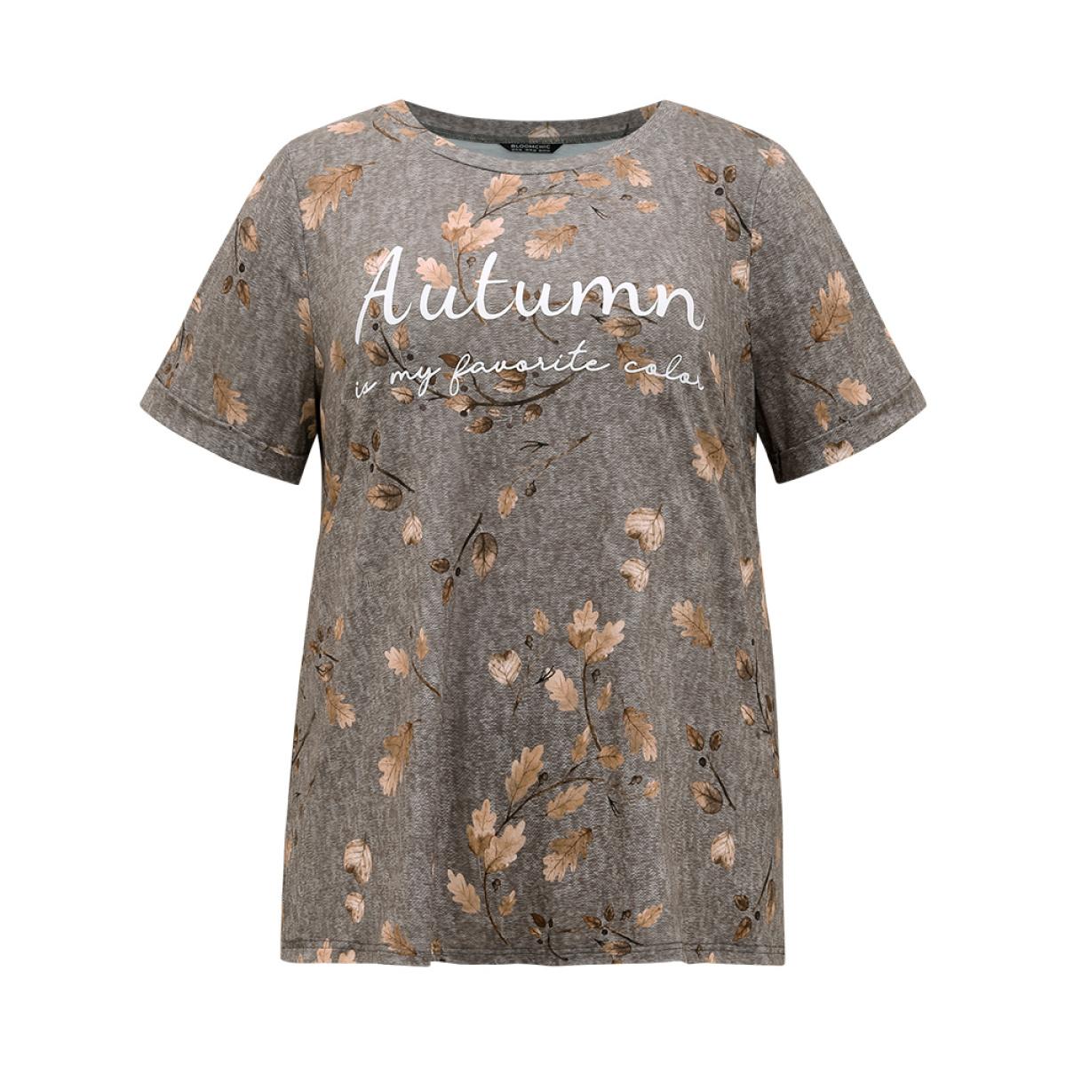 Plus Size Halloween Letter & Plant Print Cuffed Sleeve T-shirt Gray Women Casual Printed Positive slogan Round Neck Festival-Halloween T-shirts BloomChic 22-24/3X Product Image