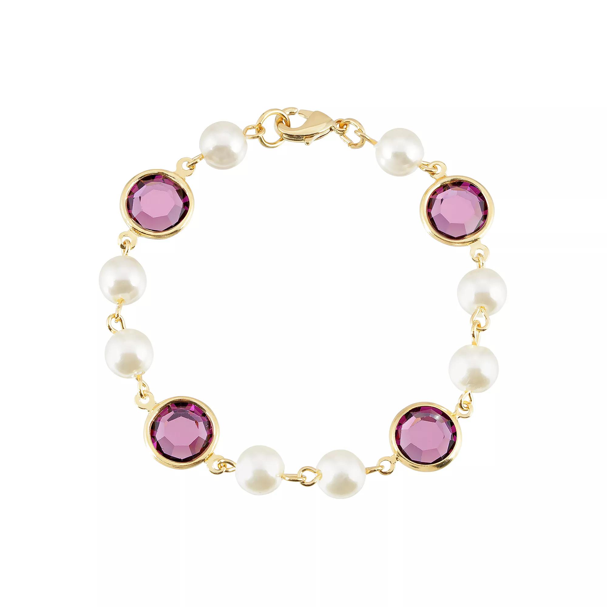 1928 Gold Tone Simulated Pearl & Crystal Chain Bracelet, Womens, Purple Product Image