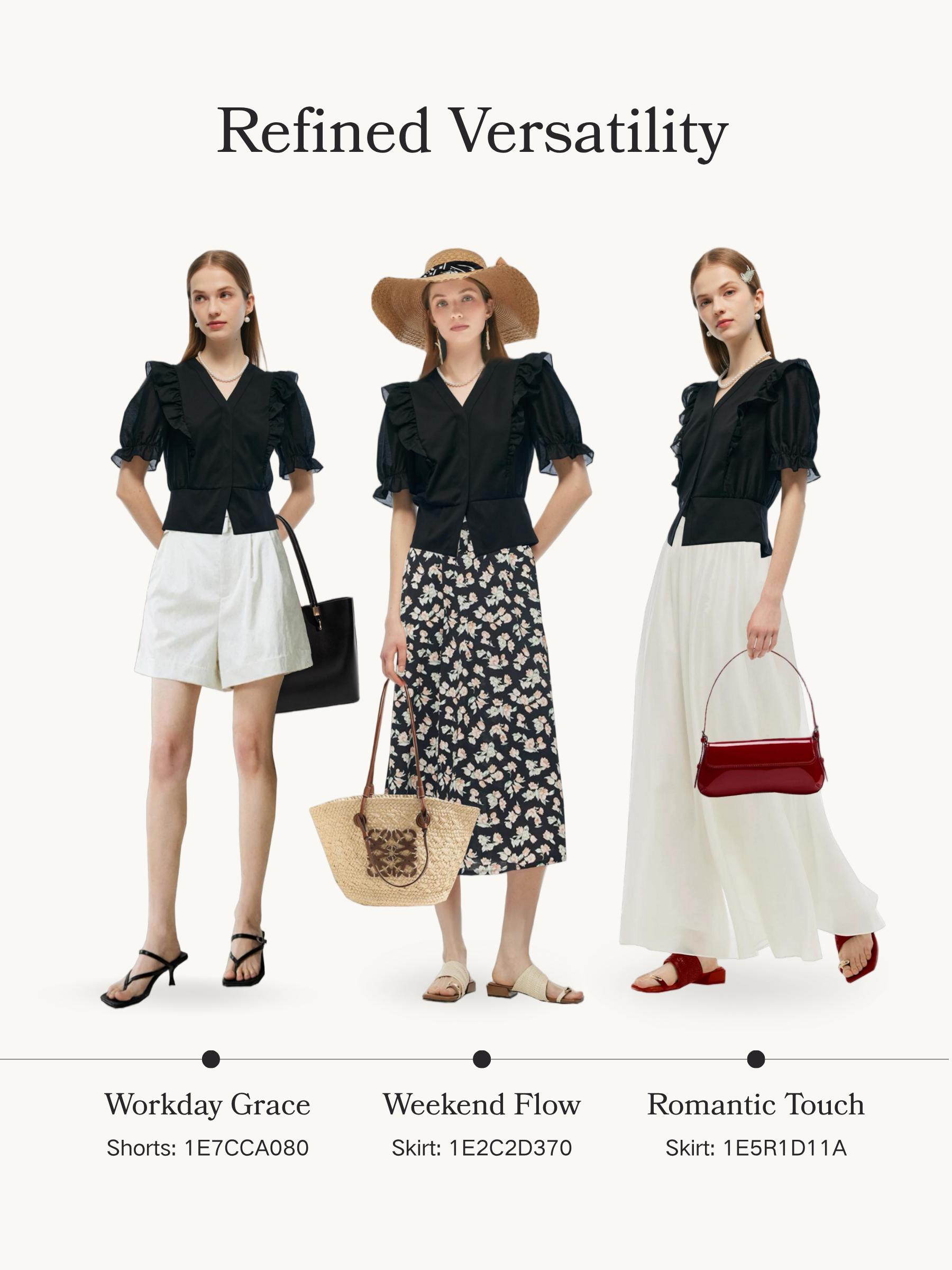 Tencel Blend Puff Sleeve Women Ruffe Patchwork Top Product Image