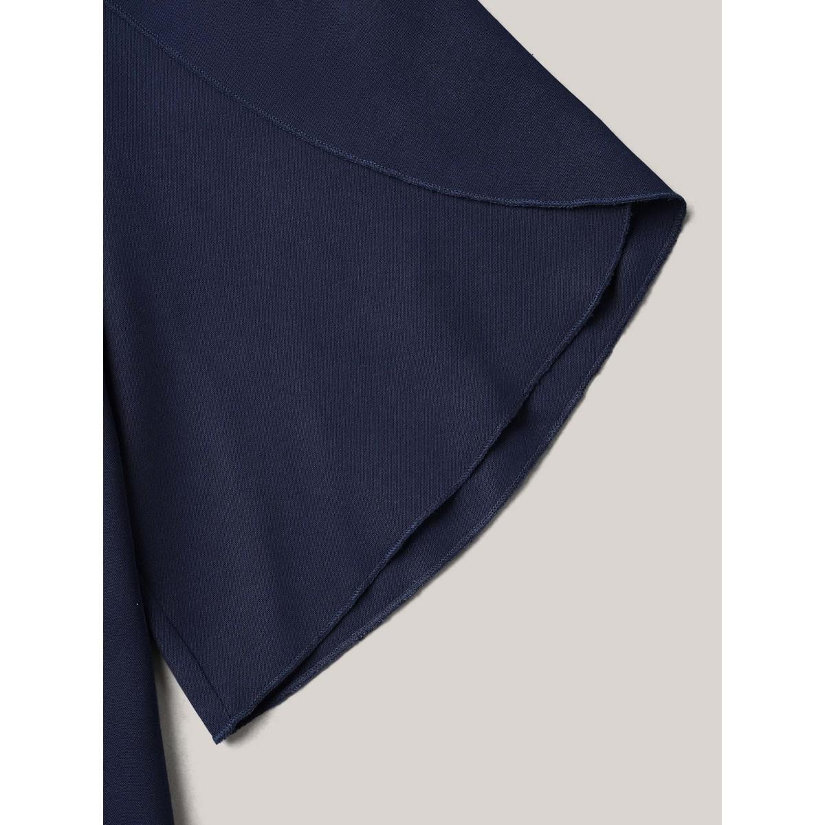 Plus Size Indigo Petal Sleeve Toothpick Pleats Shirt Women Office Elbow-length sleeve Notched collar Office Blouses BloomChic 14-16/1X Product Image