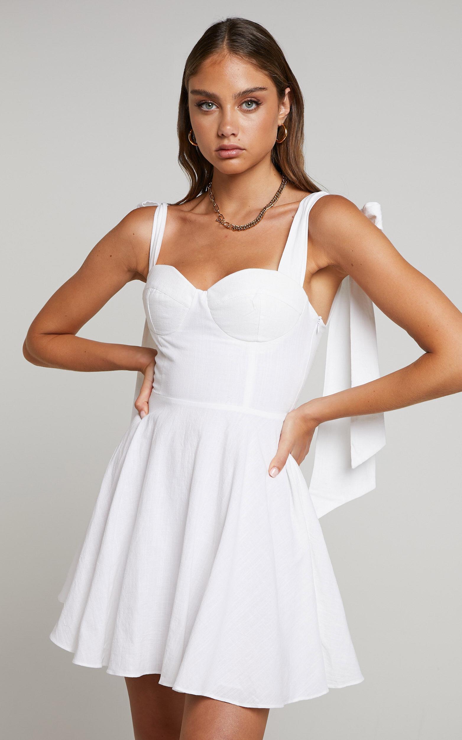 Girley Mini Dress - Bow Strap Dress in White Product Image