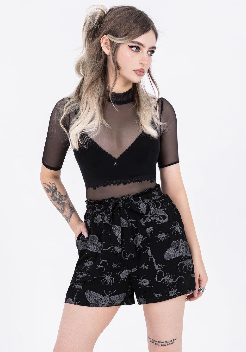 Parasite Bugs Tie Waist Paperbag Shorts - Black Product Image