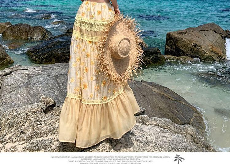 Set: Off-Shoulder Floral Print Shirred Crop Blouse + Low Rise Lace Trim Paneled Midi A-Line Skirt Product Image