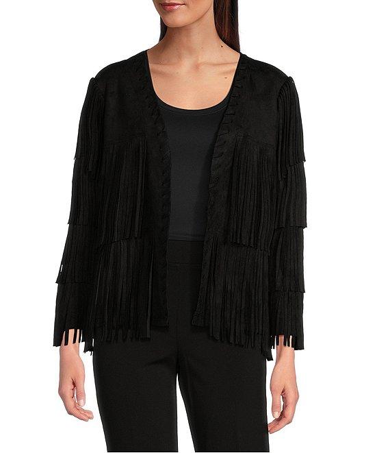 Ali Miles Stretch Suede Fringe Open Long Sleeve Jacket Product Image