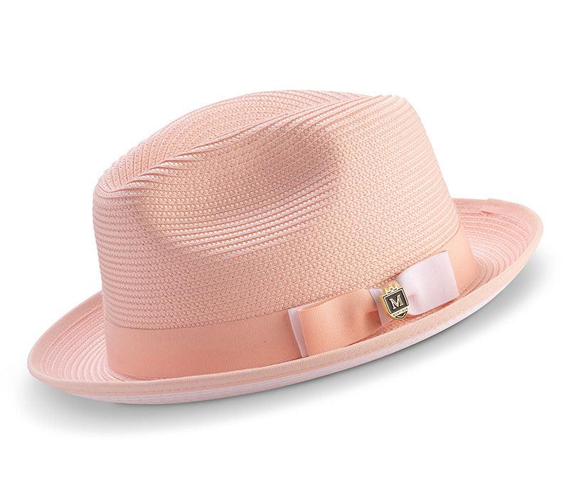 (S) Two Tone Ribbon Stingy Brim Pinch Braided Fedora - Peach with White Bottom Product Image