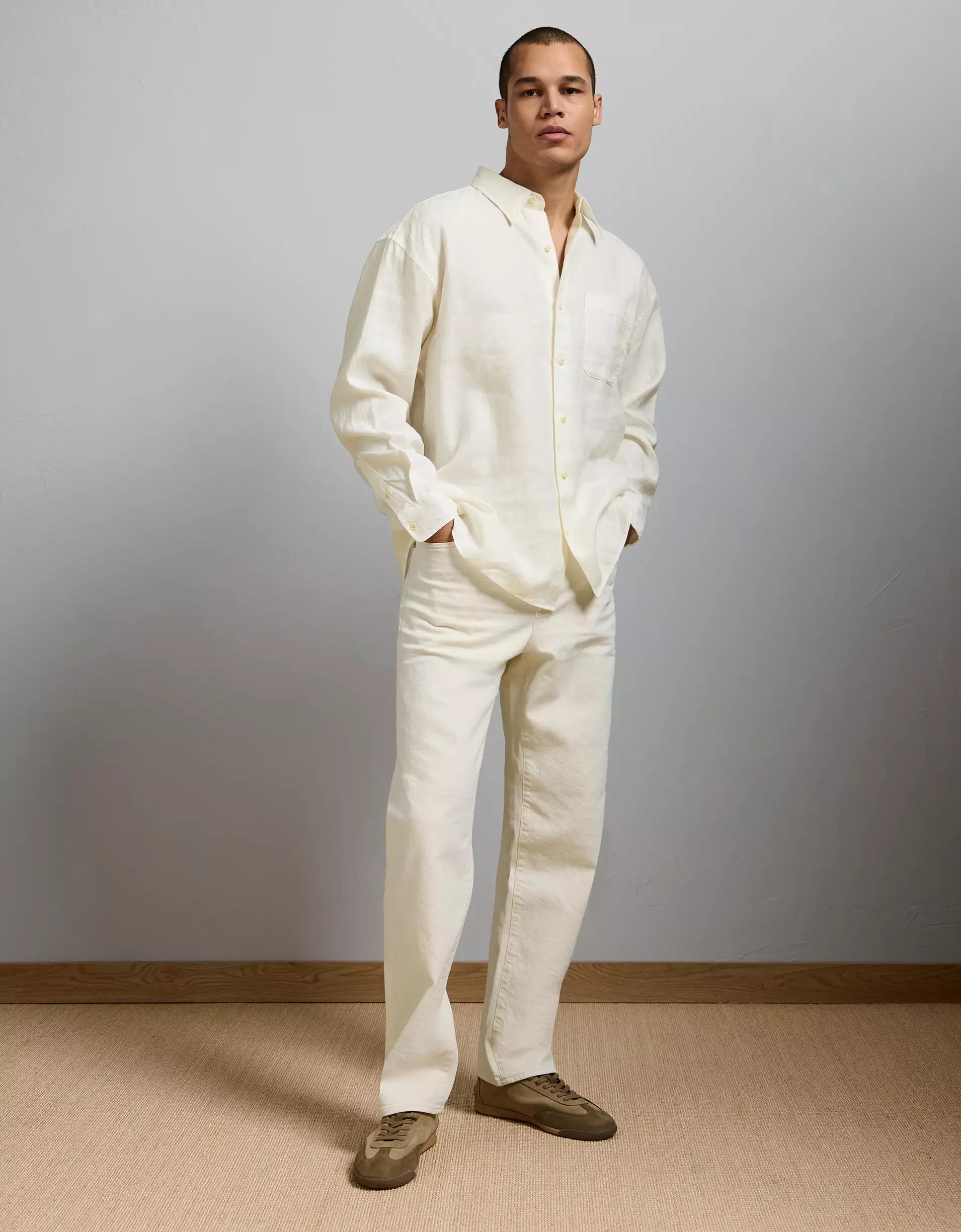 AE77 Premium Relaxed Linen Button-Up Shirt Product Image