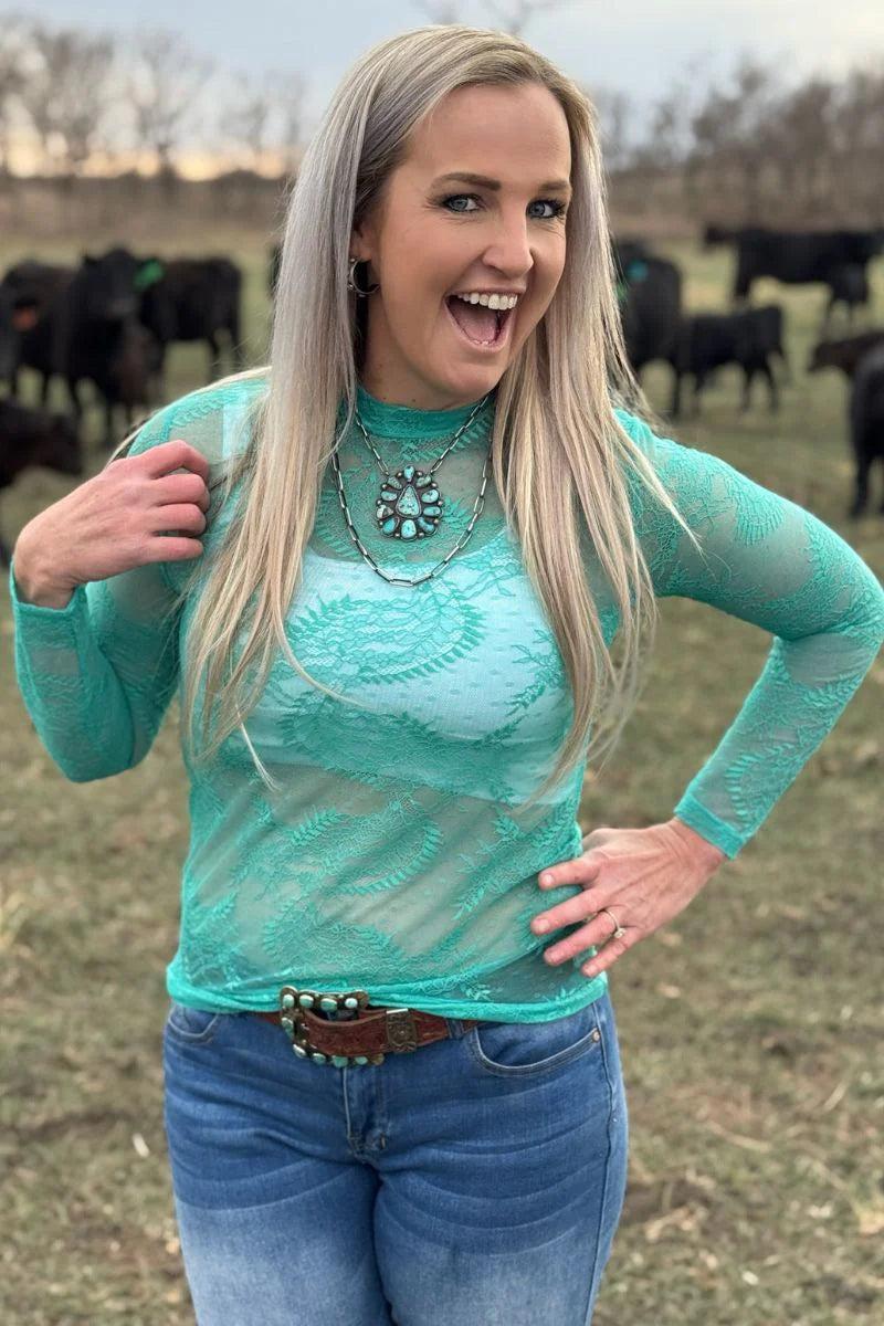 Sterling Kreek Aquamarine Lace Top Product Image