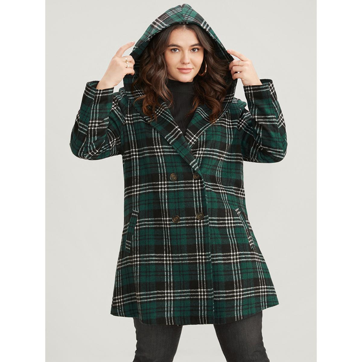 Plus Size Plaid Double Breasted Pocket Hooded Coat Women DarkGreen Casual Pocket Ladies Dailywear Winter Coats BloomChic 12/L Product Image