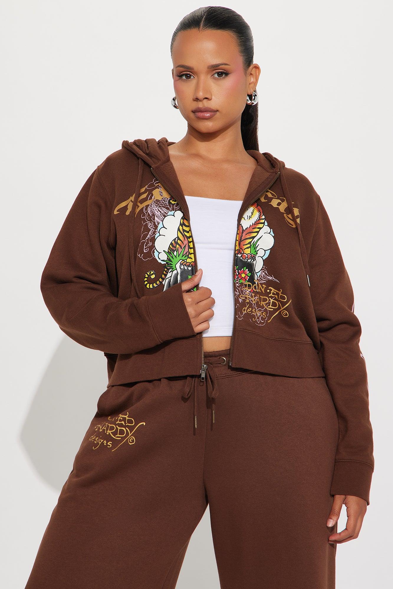 Ed Hardy Tiger Peak Zip Up Hoodie - Brown Female Product Image