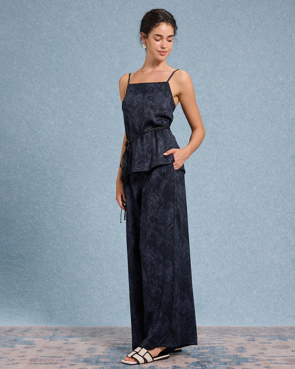 Blue Textured Wide Leg Pants Product Image