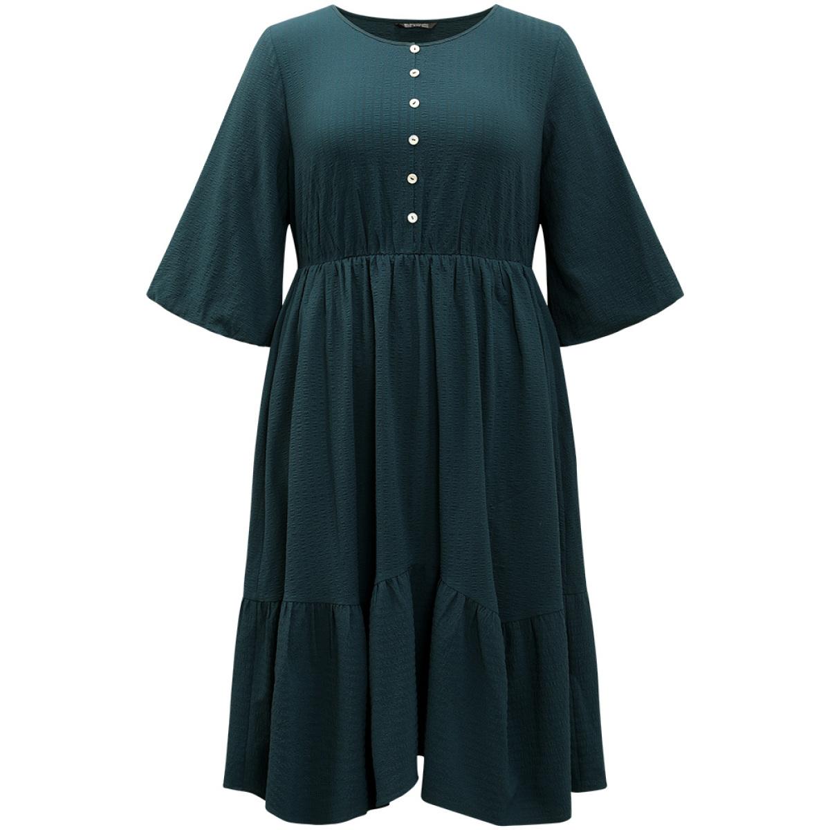Plus Size Plain Textured Button Detail Pocket Dress DarkGreen Women Vacation Elastic cuffs Round Neck Elbow-length sleeve Curvy Midi Dress BloomChic 28/5X Product Image