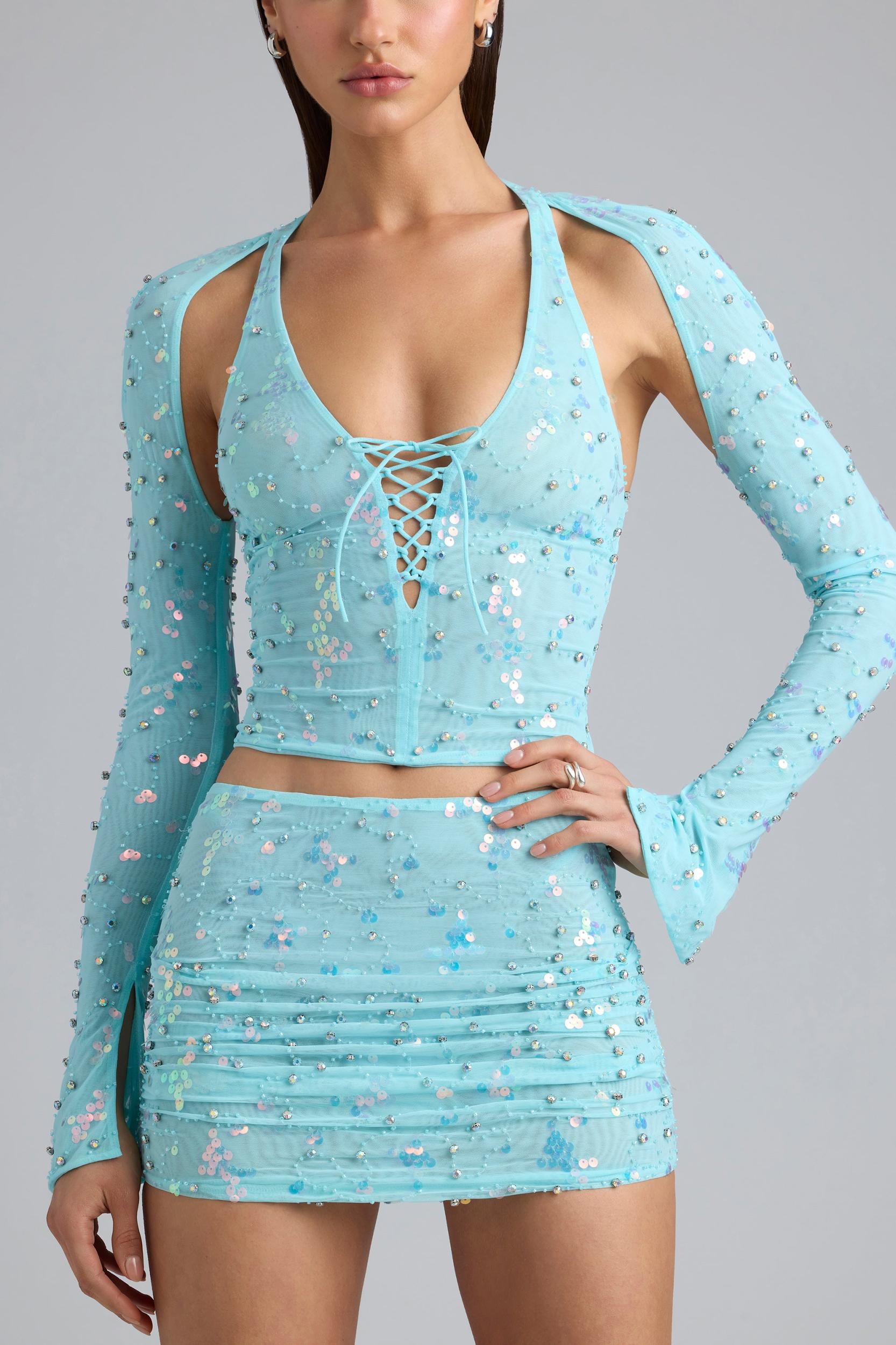 Embellished Cut-Out Halterneck Top in Ice Blue Product Image