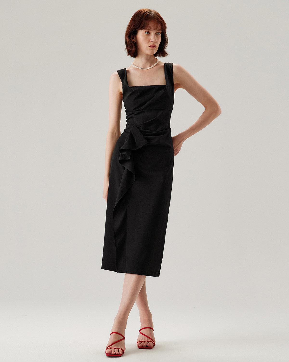 Black Ruffle Ruched Slip Midi Dress Product Image