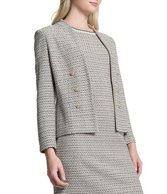 Ming Wang x Tanya Foster Tweed Knit V-Neck Long Sleeve Hook Front Jacket Product Image