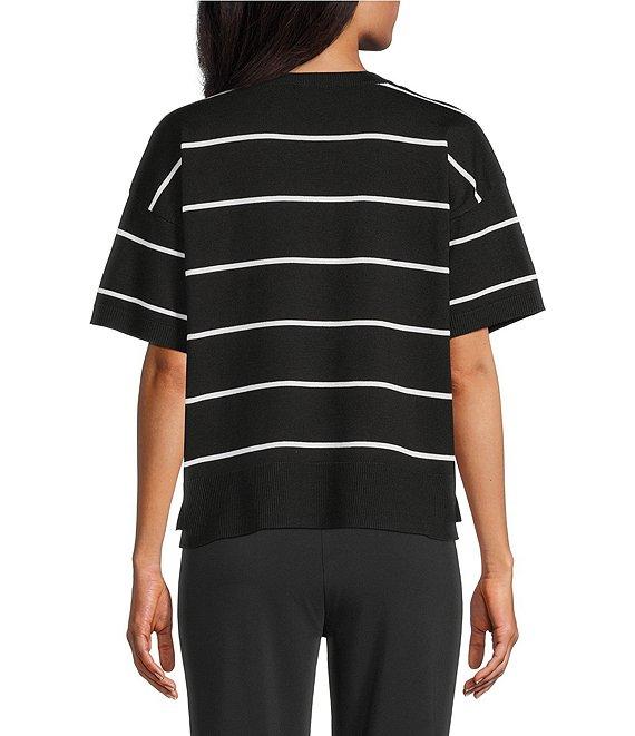 Investments Striped 3/4 Sleeve V-Neck Ribbed Trim Sweater Product Image