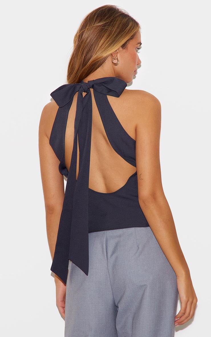 Navy Woven High Neck Tie Detail Top Product Image