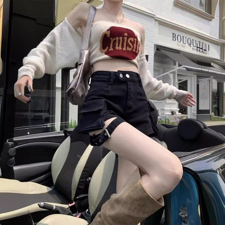 High Waist Plain Cutout Buckled Denim Wide Leg Cargo Shorts Product Image