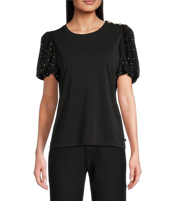 KARL LAGERFELD PARIS Mixed Media Crew Neck Short Puff Sleeve Embellished Top Product Image