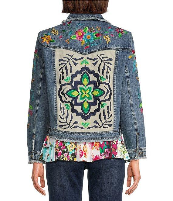 John Mark Floral-Embroidered Frayed Denim Jacket Product Image