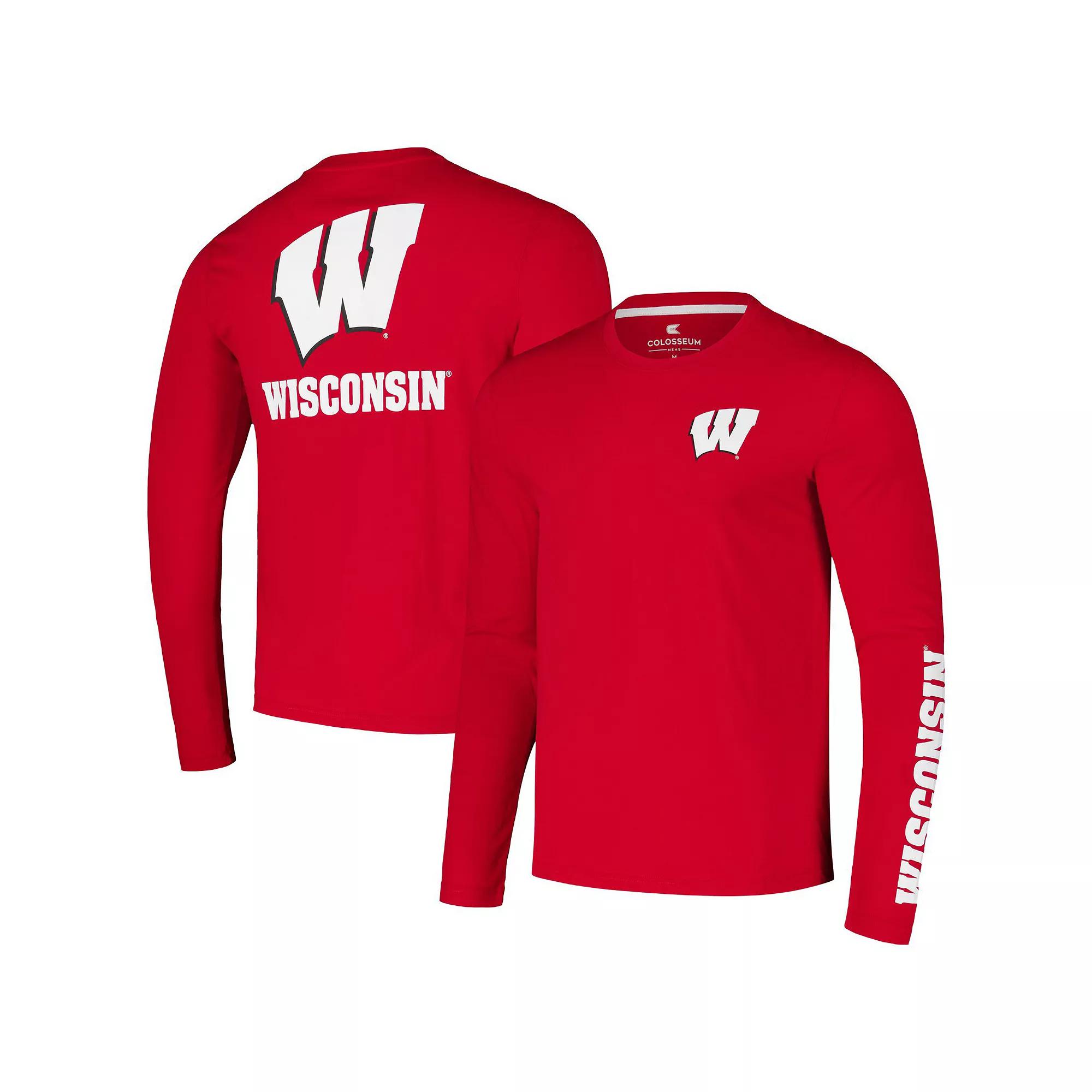 Men's Colosseum Red Wisconsin Badgers Logo Lockup 3-Hit Active Blend Long Sleeve T-Shirt,  Product Image