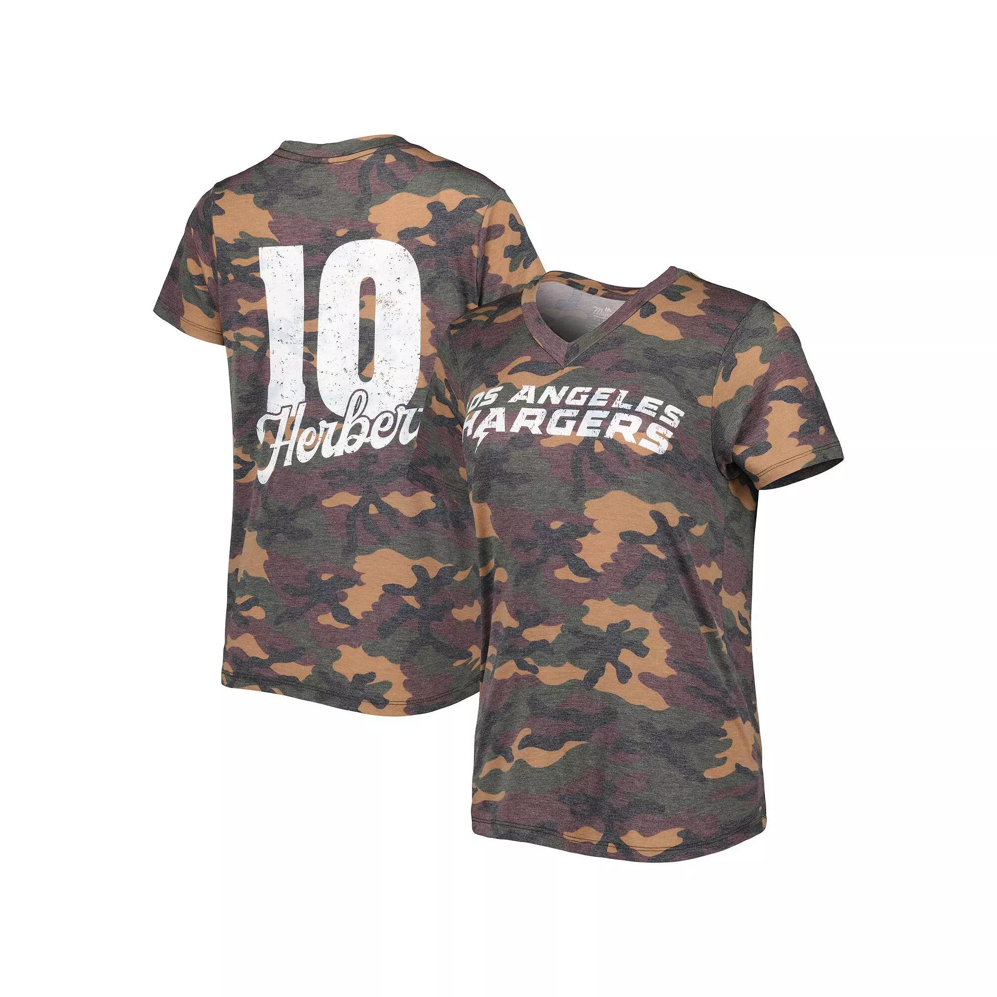 Women's Majestic Threads Justin Herbert Camo Los Angeles Chargers Name & Number V-Neck Tri-Blend T-Shirt,  Product Image