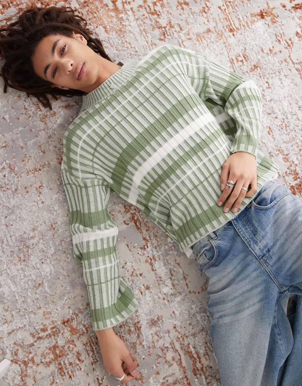 COLLUSION knit oversized sweater in green stripe Product Image