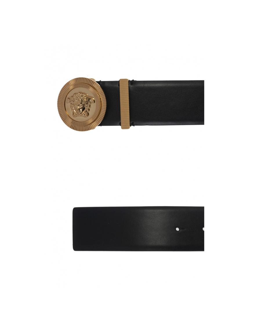 VERSACE Medusa Streamlined Leather Belt With Adjustable Length And Gold-tone Buckle In Black Product Image