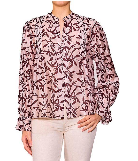 MELLODAY Floral Split Neck Long Sleeve Button Front Blouse Product Image