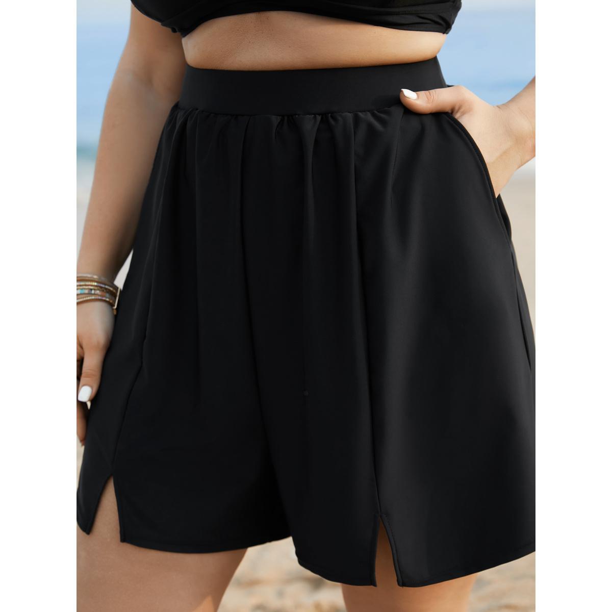 Plus Size Solid Slit Front Pocket Gathered Swim Bottom Women's Swimwear Black Beach Gathered High stretch Bodycon High Rise Side seam pocket Curve Swim Bottoms BloomChic 12/L Product Image