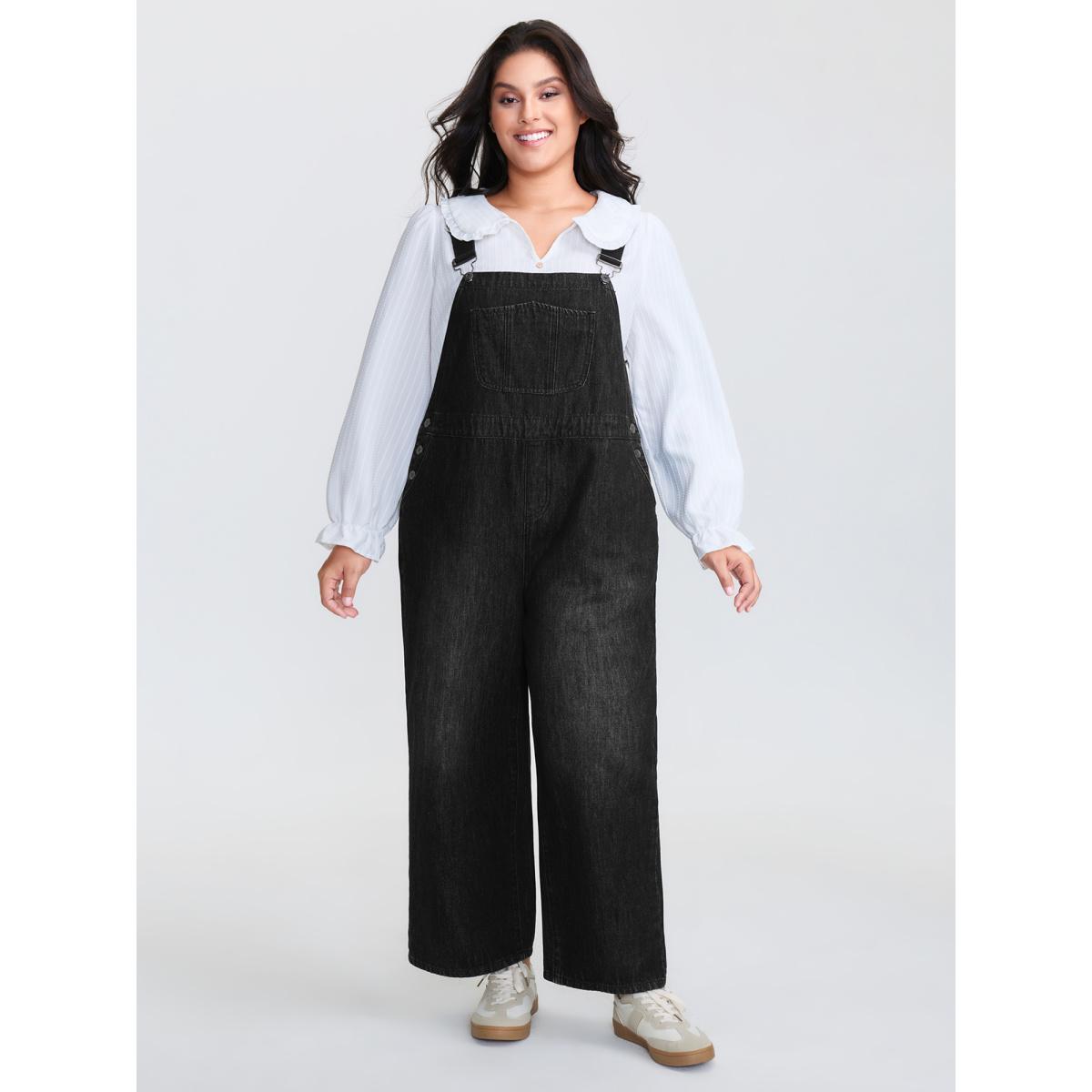 Plus Size Cotton Denim Adjustable Strap Pocketed Jumpsuit Acidwashblack Women No stretch Casual Slanted pocket Leisure Denim Jumpsuits BloomChic 30/6X Product Image