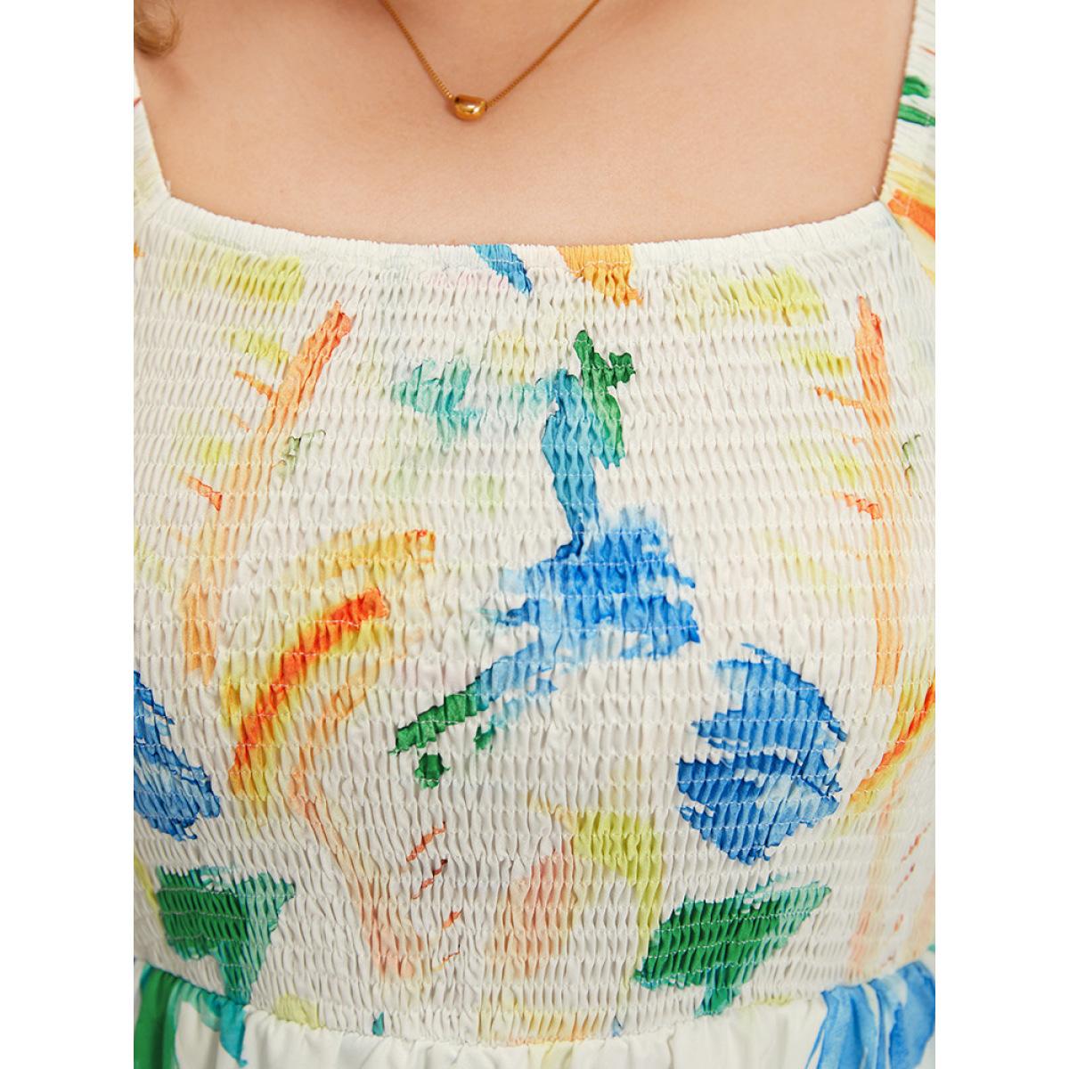 Plus Size Colour Geometric Print Square Neck Shirred Puff Sleeve Dress Multicolor Women Vacation Elastic cuffs Square Neck Short sleeve Curvy Midi Dress BloomChic 28/5X Product Image
