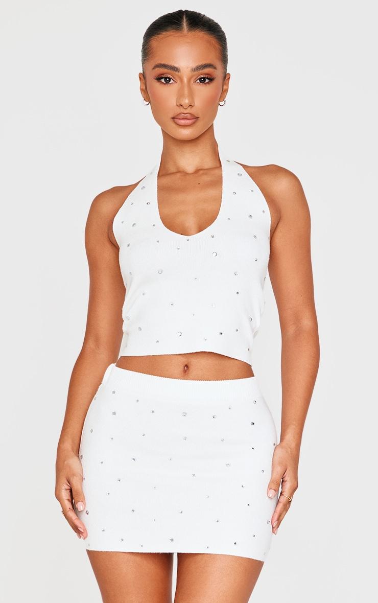Petite White Diamante Knit Mini Skirt Product Image