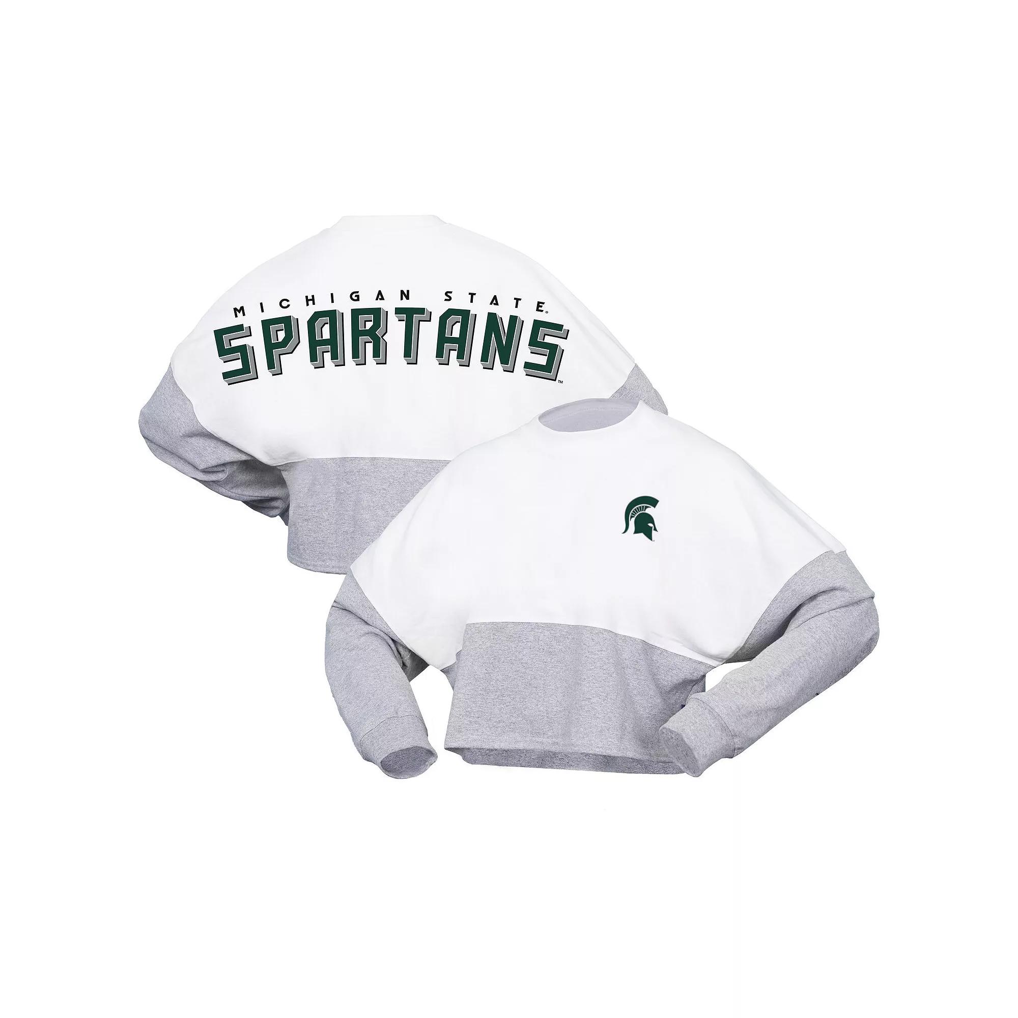 Women's Spirit Jersey White Michigan State Spartans Heather Block Cropped Long Sleeve Jersey T-Shirt,  Product Image